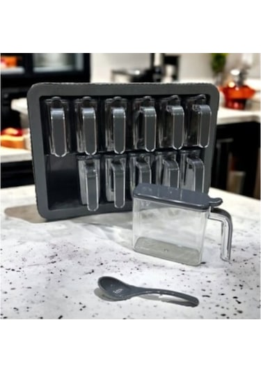 12'li Standlı Kaşıklı Baharatlık Seti Beyaz - Siyah
