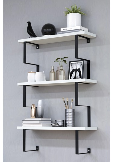 Metal Ayaklı Duvar Rafı, 3 Katlı Duvar Rafı, Kitaplık, Saksılık, Banyo, Mutfak, Salon, 60 70 15 Cm Beyaz