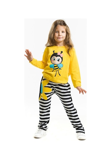 Denokids Bee Happy Kız Kadife Eşofman Takımı - Sarı - Siyah