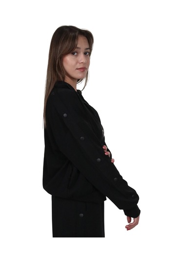 Kadın Modal Kumaş Dik Yaka Rahat Kalıp Siyah Ceket Hırka Siyah