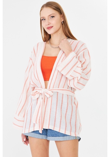 Armonika Kadın Turuncu-beyaz Kemerli Kimono Arm-25y001073