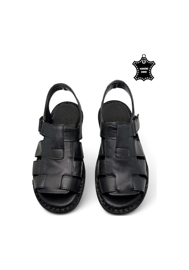 Magic Shoes Hakiki Deri Ortopedik Erkek Sandalet Siyah-22