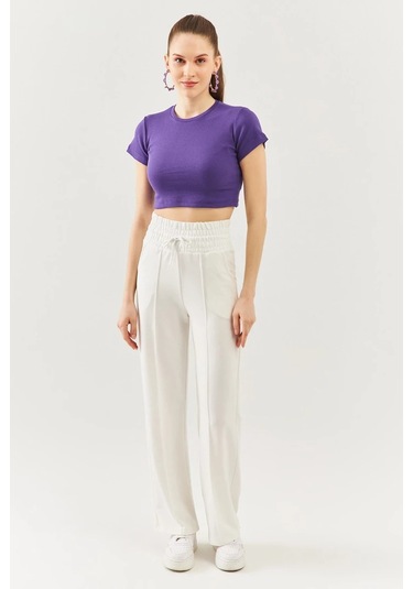 Kadın Kısa Kol Bisiklet Yaka Vücuda Oturan %100 Pamuklu Kaşkorse Esnek Crop Bluz Mor