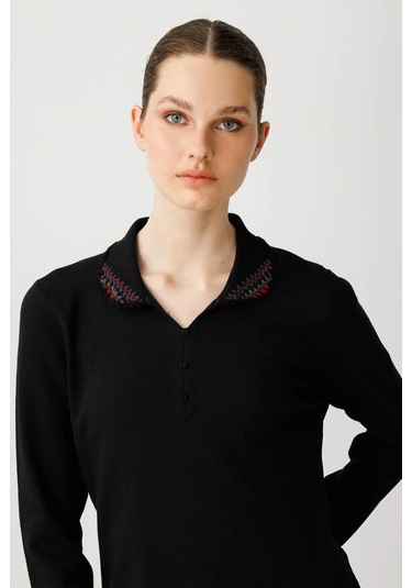 Desen Triko Kadın Polo Yaka Likralı Bluz 25091 Siyah Siyah