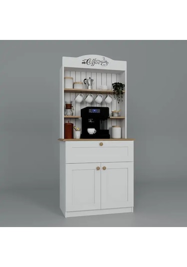 Lucas 2 Kapaklı Çekmeceli Kahve Köşesi Ve Çok Amaçlı Mutfak Dolabı - Açık Ceviz & Beyaz Açık Ceviz & Beyaz