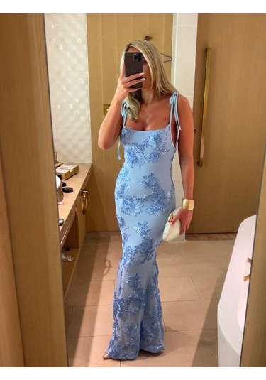 Mavi Ayarlanabilir Askılı Çiçekli Astarlı Maksi Bebek Mavi