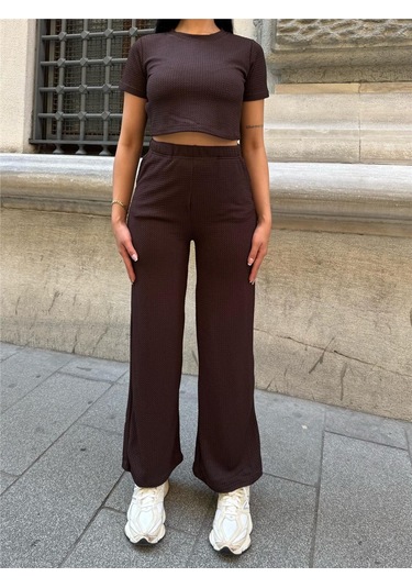 Kahve Modal Elastan Bisiklet Yaka Takım Kahve