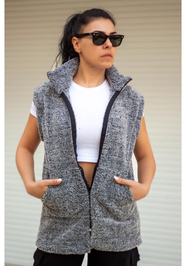 Kadın Gri Peluş Welsoft Kalın Fermuarlı Hakim Yaka Yelek 23kylkmy10 001