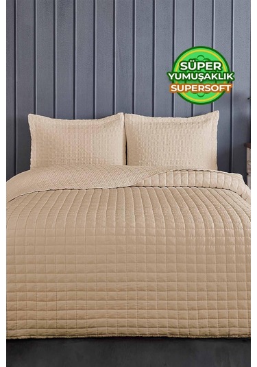 Evlen Home Joy Pamuklu Yatak Örtüsü Seti Çift Kişilik 3 Parça Elyaf Dolgulu Yumuşak Günlük Yıkanabilir Bej