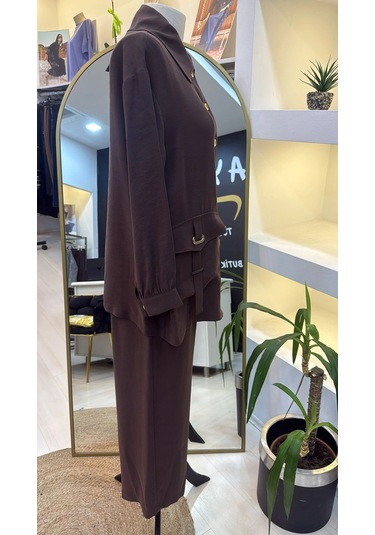 Nuss 1025 Tam Boy Düğmeli Pantolonlu Takım Kahve Kahve
