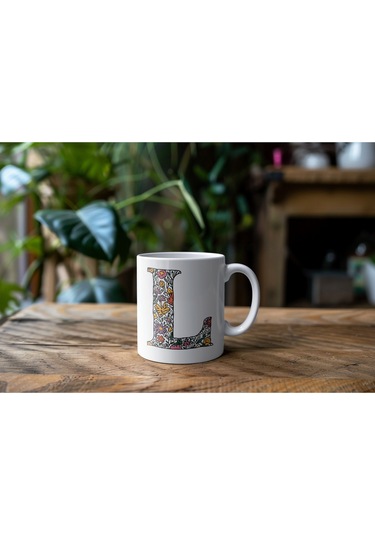 L Baş Harf Çiçek Desenleri İle Natural Tarz Kupa Bardak - Kişiye Özel Çiçekli Kahve Çay Bardak - Beyaz