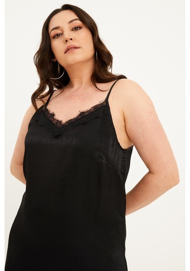 Saten Dantelli Arkası Çapraz Midi Elbise-1520 Siyah