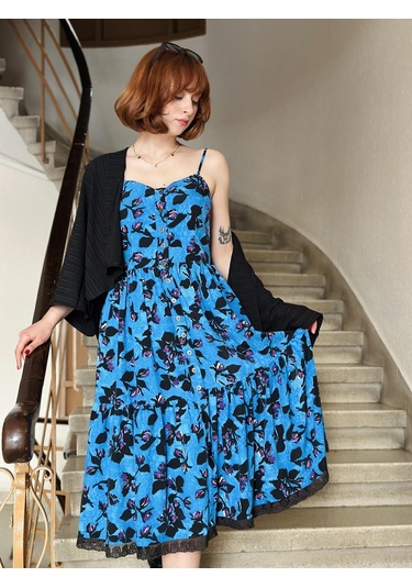 Retrobird Country Girl Ruffle Dantel Detaylı Tasarım Elbise Kadın Koyu Mavi-13311-koyu Mavi