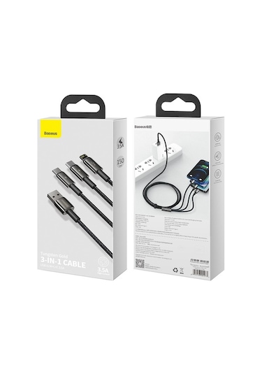 Pazly 1,5m 3,5a Baseus Camltwj-01 Usb 8 Pin + Usb-c + Mikro Usb Hızlı Şarj Veri Kablosu