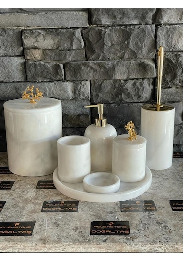 Beyaz Mermer Gold Mercan Aksesuarlı 7'li Banyo Seti Beyaz