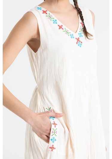 Kolsuz Şile Bezi Mehtap Midi Boy Elbise Krem Krm-krem