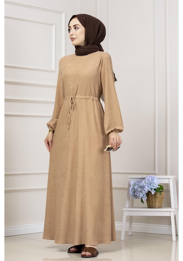 Beli Tünelli Fitilli Aslı Elbise-vizon-5464 Vizon