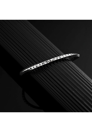 925 Ayar Gümüş Run Alfabeli Unısex Kelepçe Bileklik Gümüş