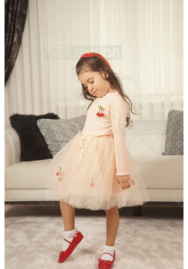 Tüllü Astarlı Esnek Kirazlı Elbise Uzun-somon Somon