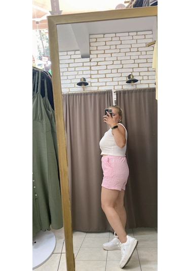 Tuba Toptaş Gofre Şort Lastikli Bel Pembe