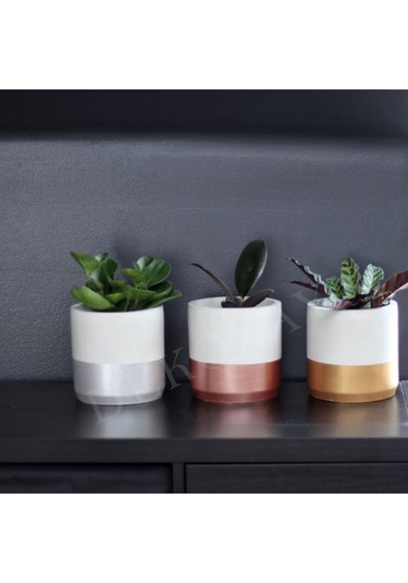 3lü El Yapımı Altın Gümüş Bakır Beton Saksı Üçlü Set- Küçük Boy Sukulent Saksısı Çizim Kaktüs