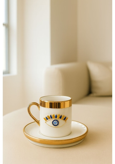 2 Kişilik Porselen Nazar Göz Platin Yaldız Fincan Takımı Seti Ve 2 Porselen Lokumluk Ve 2 Cam Bardak Altın - Beyaz