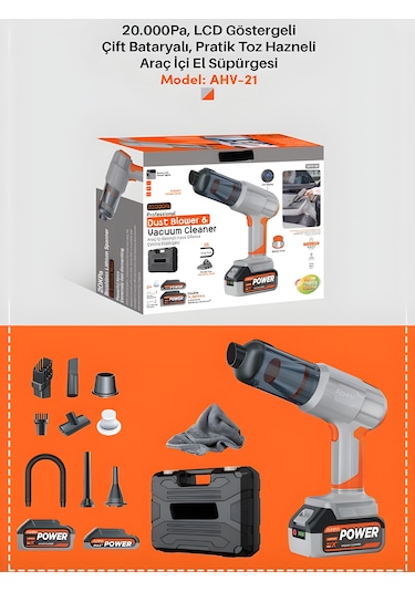 20000pa Güçlü Emişli Çift Bataryalı Dijital Göstergeli Kablosuz Vakumlu Üflemeli Araç Süpürgesi -