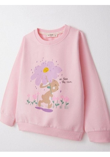Kız Çocuk Çiçek Desenli Pamuklu Eşofman Takım-14584 Pembe