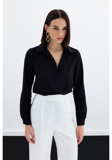 Sateen Düz Klasik Gömlek - Siyah-123675 Siyah