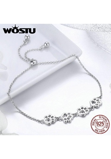 Wostu Sıcak Moda 925 Ayar Gümüş Paw Trail Köpek Hayvan Zinciri Ve Bağlantı Bilezikler Kadınlar Için Altın