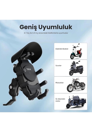 Ayna Bağlantılı Güneş Ve Yağmur Korumalı 360 Derece Ayarlanabilir Motosiklet Telefon Tutucu