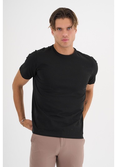Erkek Siyah %100 Pamuklu Standart Kalıp Likralı Basic T-shirt Siyah