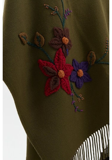 Desen Triko Kadın Örgü Çiçek İşlemeli Püsküllü Şal 24073 Haki Haki