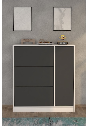 Milano 3 Kapaklı Kayar Raflı Dolaplı Ayakkabılık Antrasit Gri Antrasit - Beyaz