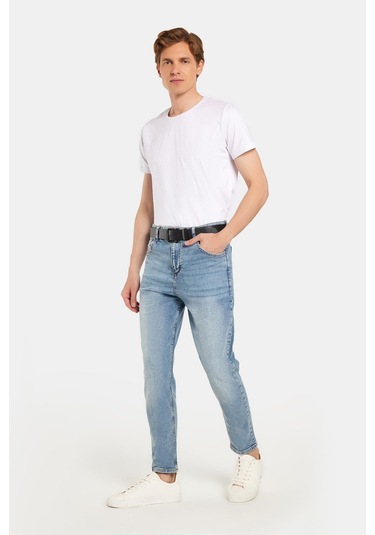 Erkek Straight Fit Bol Kesim Denim Yıkamalı Efektli Esnek Açık Mavi Jean Kot Pantolon-34493 Açık Mavi