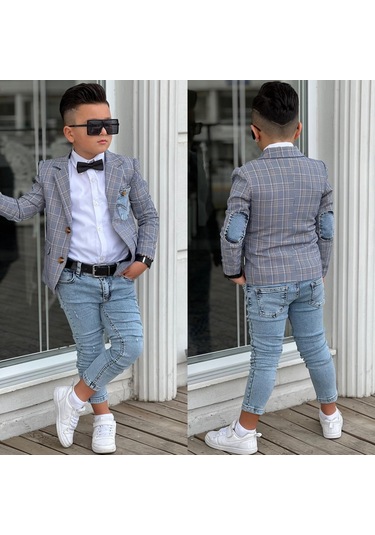 Uğurböceğiçocuk Ekose Denim Detaylı 5'parça Erkek Çocuk Takım 001