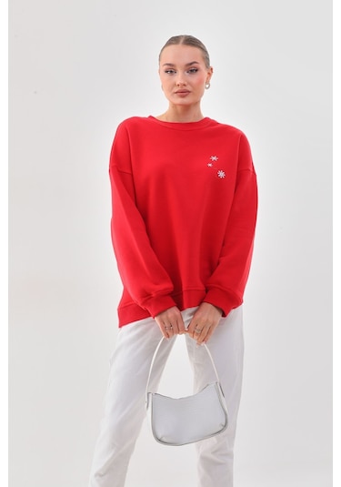 Kallima Oversize Baskılı İçi Polarlı Kırmızı Kadın Sweatshirt Kırmızı