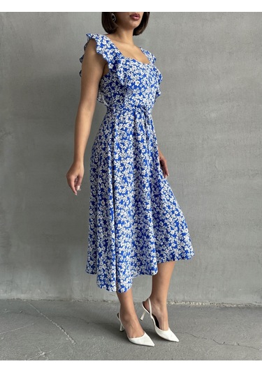 Kadın Çiçek Desenli Fırfır Detaylı Yazlık Dokuma Elbise Mavi