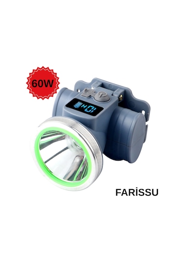 Ultra Güçlü 60w Dijital Göstergeli Kafa Feneri Şarjlı, Su Geçirmez, 3 Modlu Siyah