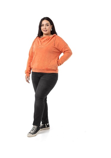 Büyük Beden Degaje Kapüşonlu Yaka Cepli Parça Boyalı Üç İplik Turuncu Sweatshirt-turuncu Turuncu