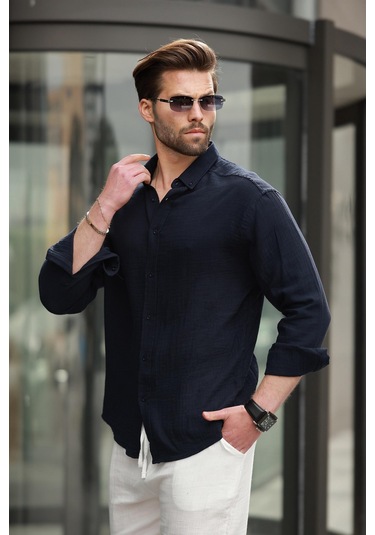 Madmext Lacivert Basic %100 Pamuklu Uzun Kollu Erkek Gömlek E6761 Lacivert
