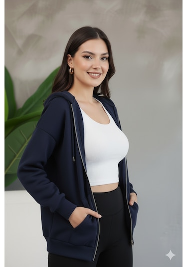Kadın Genç Unisex Cepli Kapüşonlu Fermuarlı Sweatshirt Hırka Lacivert