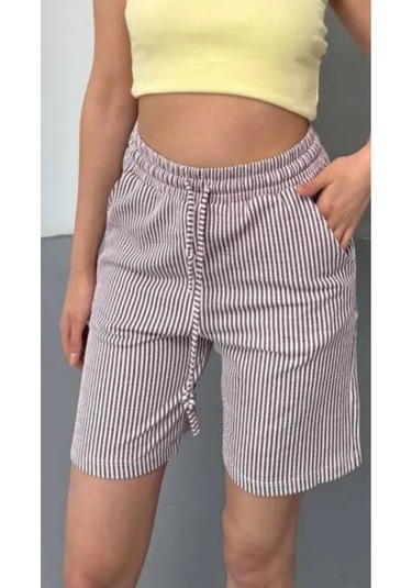 Yandan Cepli Beli Bağcıklı Su Yolu Kadın Çizgili Şort Kırmızı