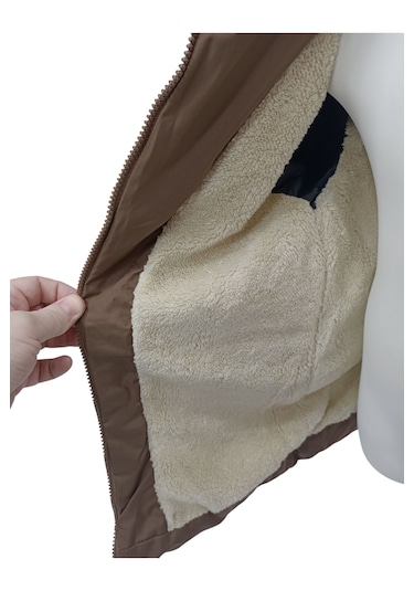 Kız Çocuk Kapüşonu Çıkabilen Fermuar Kapamalı Beli İp Bağlamalı İçi Peluş Astarlı Kahverengi Mont Kahverengi