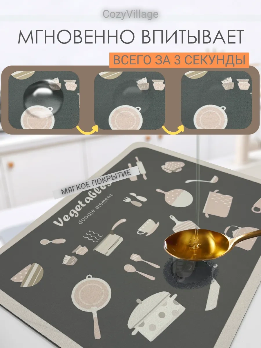 Cozy Village Emici Bulaşık Kurutma Paspası 50x40cm 225919885 Koyu Gri