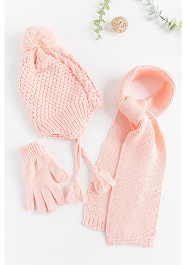 Babymod Ponponlu Saç Örgüsü 4-8 Yaş Kız Çocuk Atkı Bere Eldiven Takımı