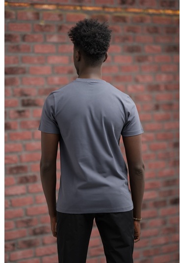 Slim Fit Pamuklu Önü Baskılı Sıfır Yaka T-shirt Gri