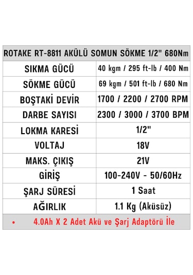 Rotake RT-8811 1/2'' 680 NM Akülü Somun Sökme