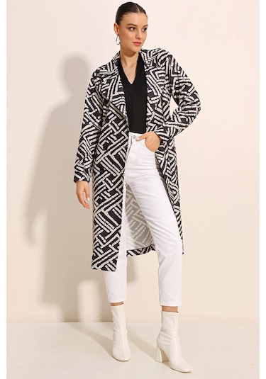 Bigdart 5853 Desenli Kruvaze Yaka Trençkot - C. Siyah 001