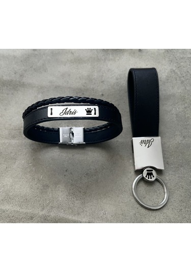 Archin İdris İsmine Özel 925 Ayar Gümüş Plakalı Taç Motifli Hakiki Siyah Derili Hediye Seti-584isim Gümüş